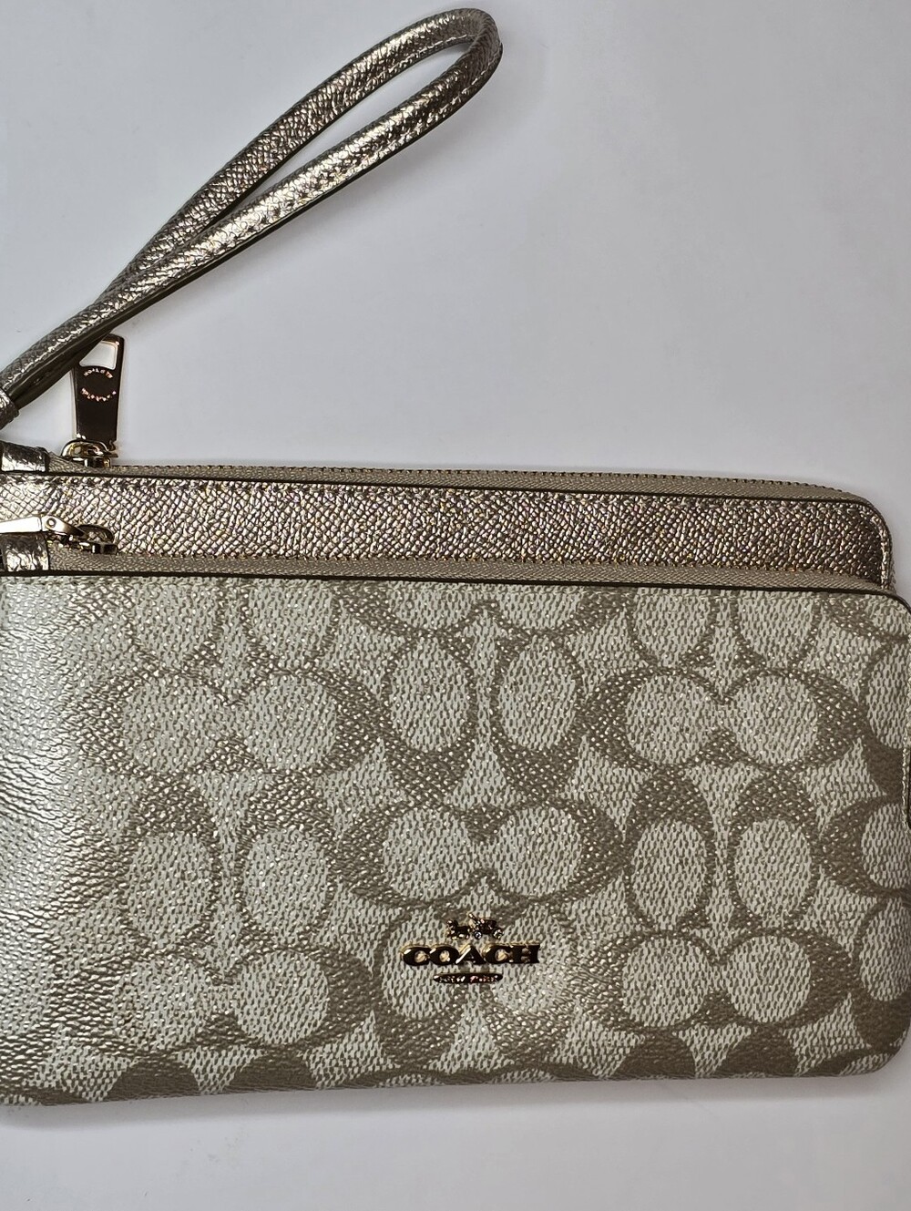 Coach Double Zip Wallet Metallic Signature Canvas Champagne Wristlet CW968 NWT